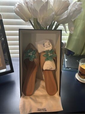 Malone Souliers Tan Slides with Green Crystal Floral Embellishments. Size 41